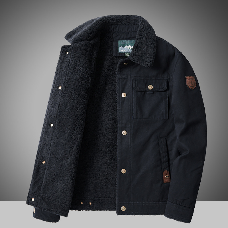 2025秋冬季新款男装水洗棉加绒加厚休闲时尚翻领百搭男式夹克外套