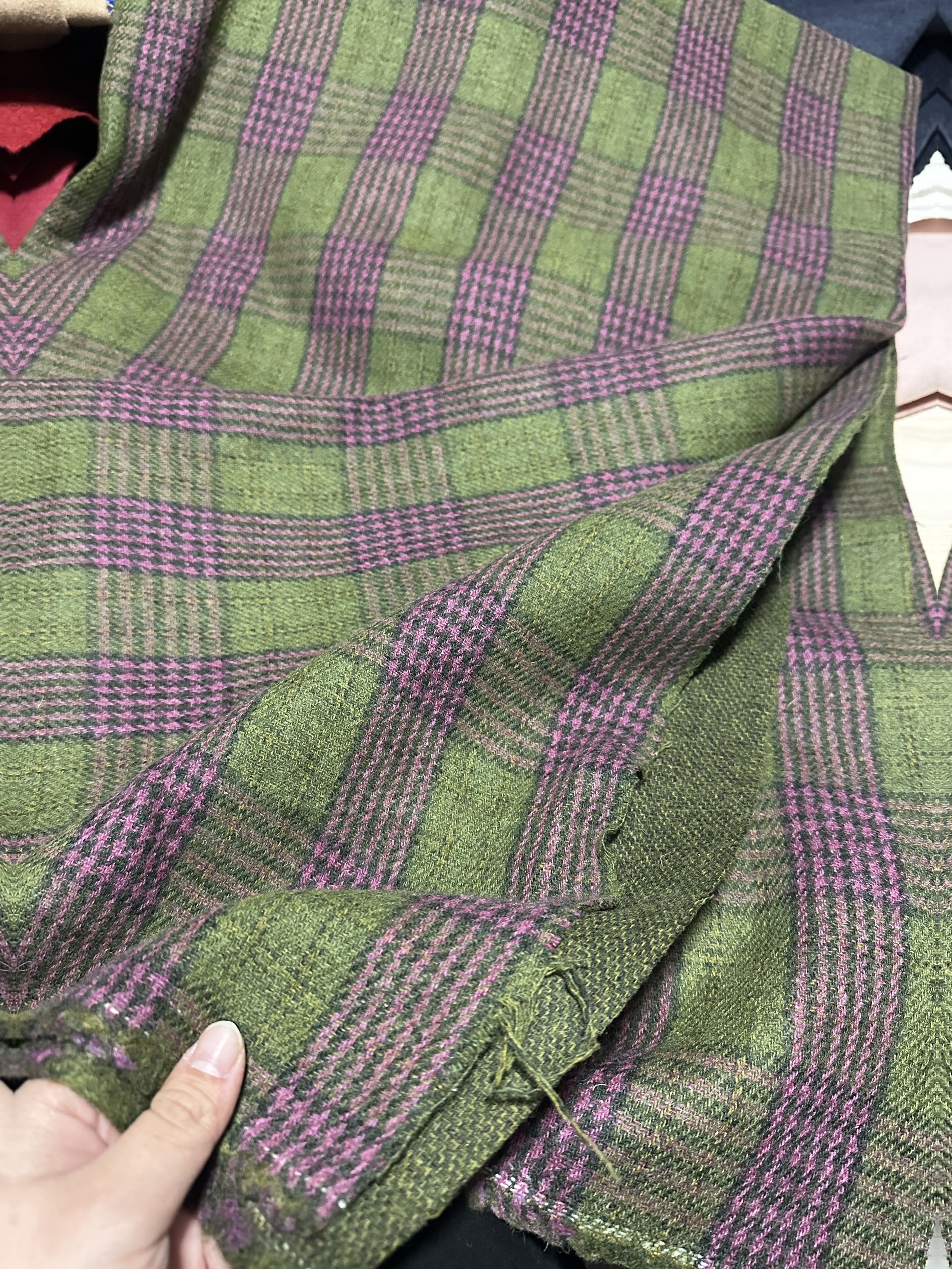 欧单 绿紫色 格子毛纺布料面料（宽1.45米左右）