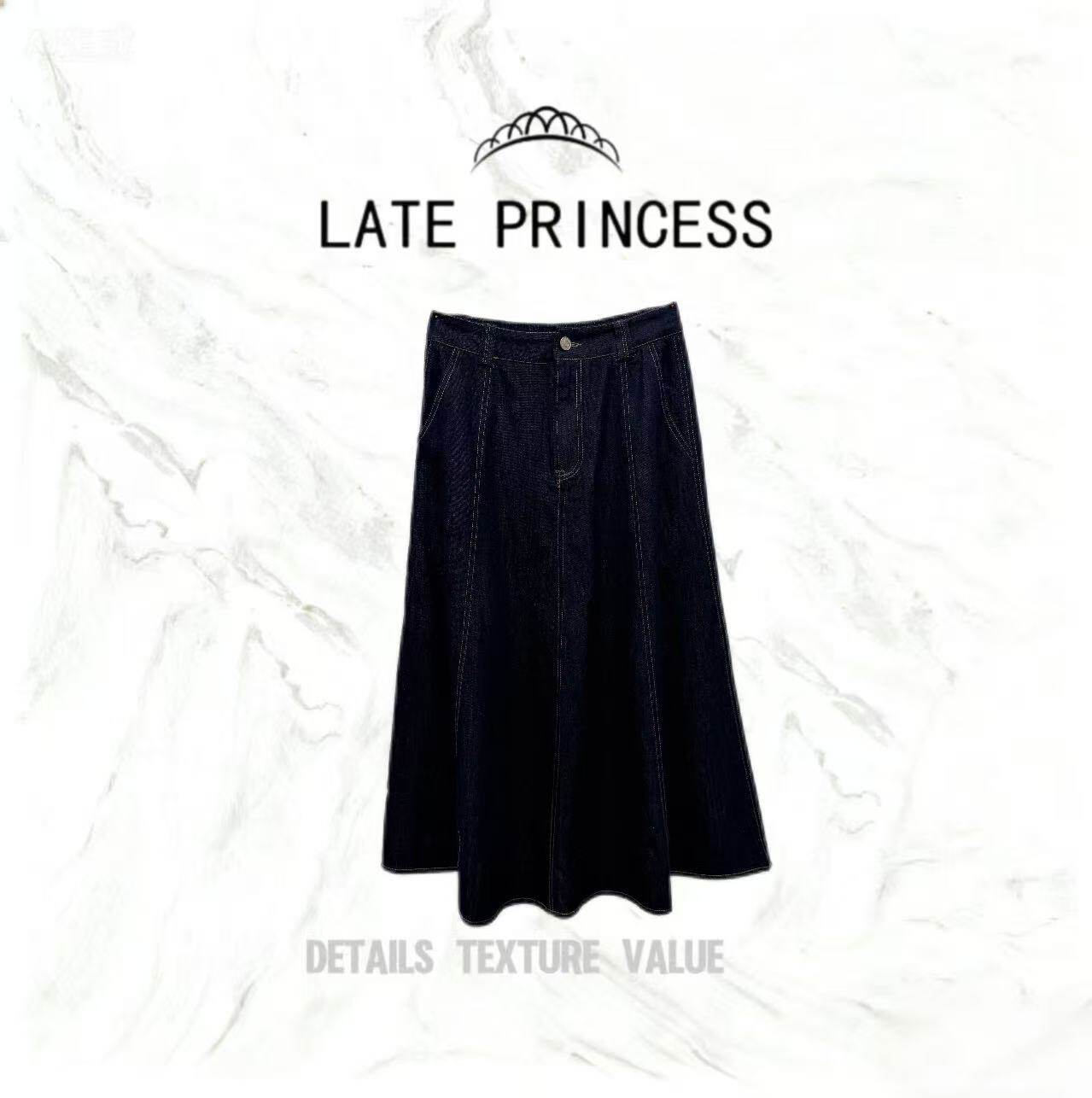 LATE PRINCESS【复古撞色】新款时尚显瘦中长款牛仔半身