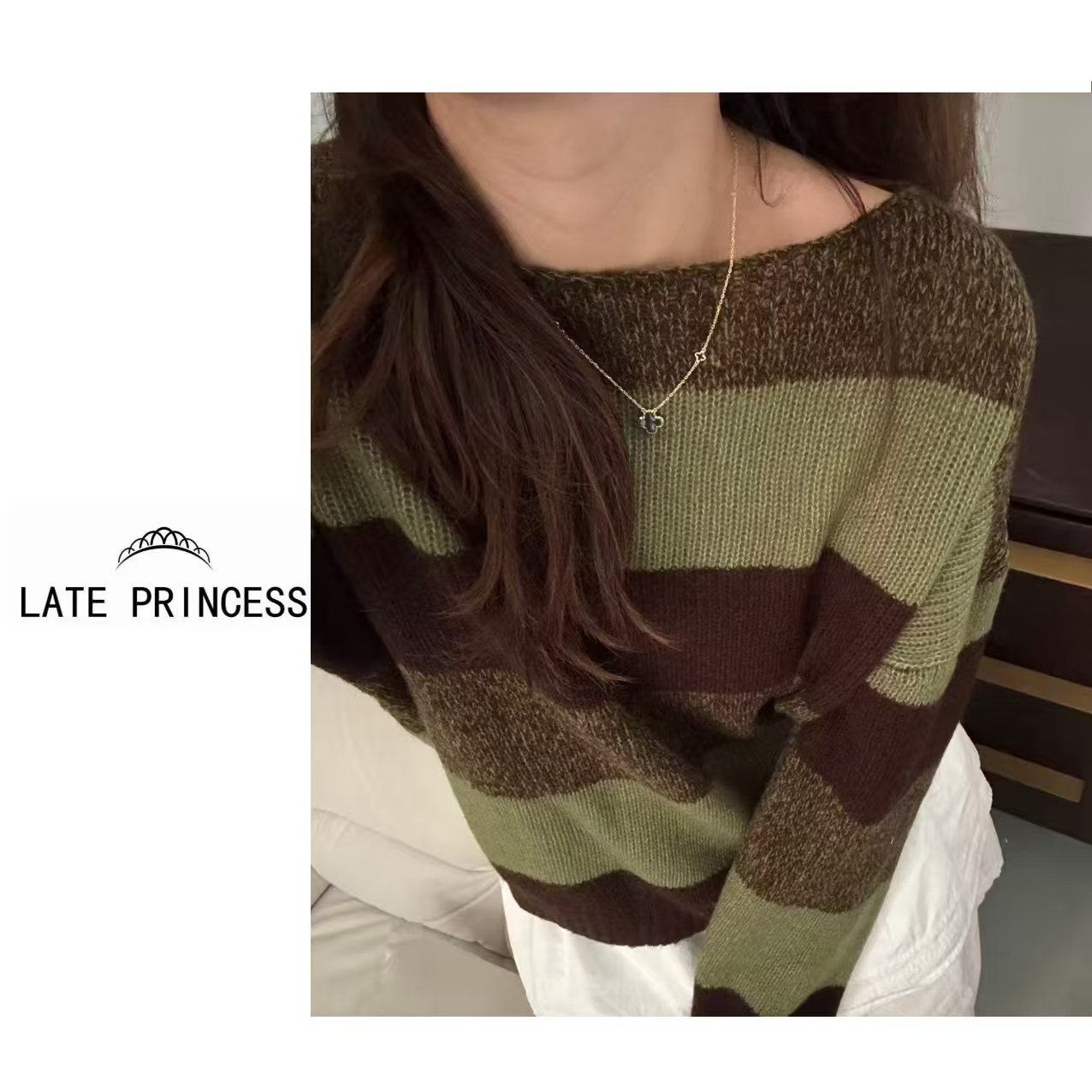 LATE PRINCESS迟到公主【青梨】2025秋季新款圆领拼色条纹针织衫