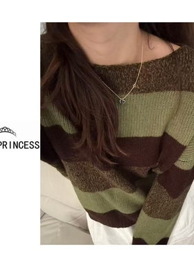 LATE PRINCESS迟到公主【青梨】2025秋季新款圆领拼色条纹针织衫