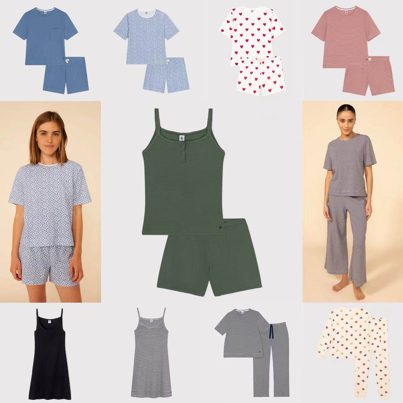 现货petit bateau24春夏成人吊带睡裙纯色睡衣套装居家服