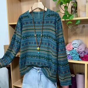 2024春秋新款女纯棉针织衫大码复古印花套头毛衣圆领文艺打底衫