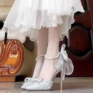 在逃公主~银色lolita高跟鞋细跟18岁成人礼设计感包头凉鞋