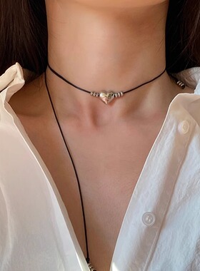 金泰妍同款银色爱心choker颈带ins风长款皮质黑绳项链甜酷项圈女