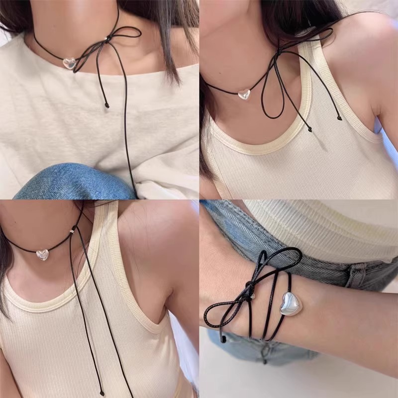 黑皮绳设计感爱心choker多种戴法