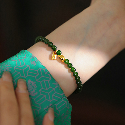 绿色和田碧玉新中式手链招财纳福元宝串珠盘玩手串女高级感旺财运