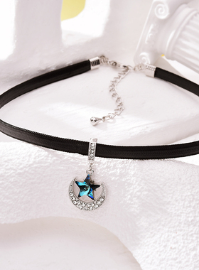 银蓝色星月项链暗黑锁骨链choker