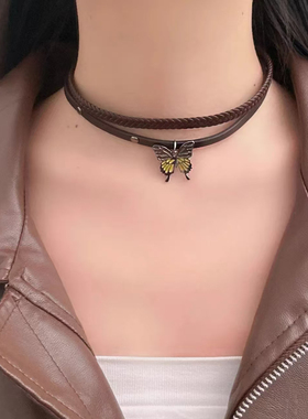 复古风双层编织皮革choker项圈女颈带棕色滴釉蝴蝶脖颈链锁骨项链