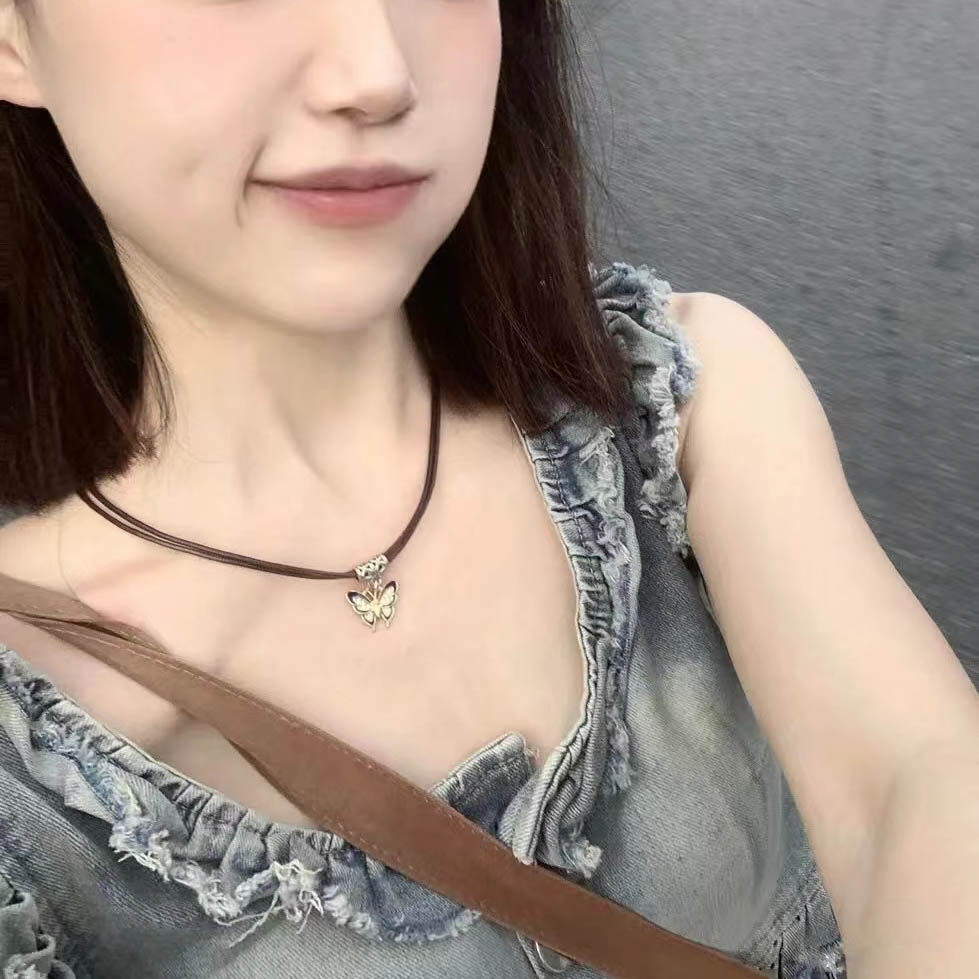 复古蝴蝶项链配饰女双层皮绳项圈choker颈带甜酷辣妹风个性锁骨链