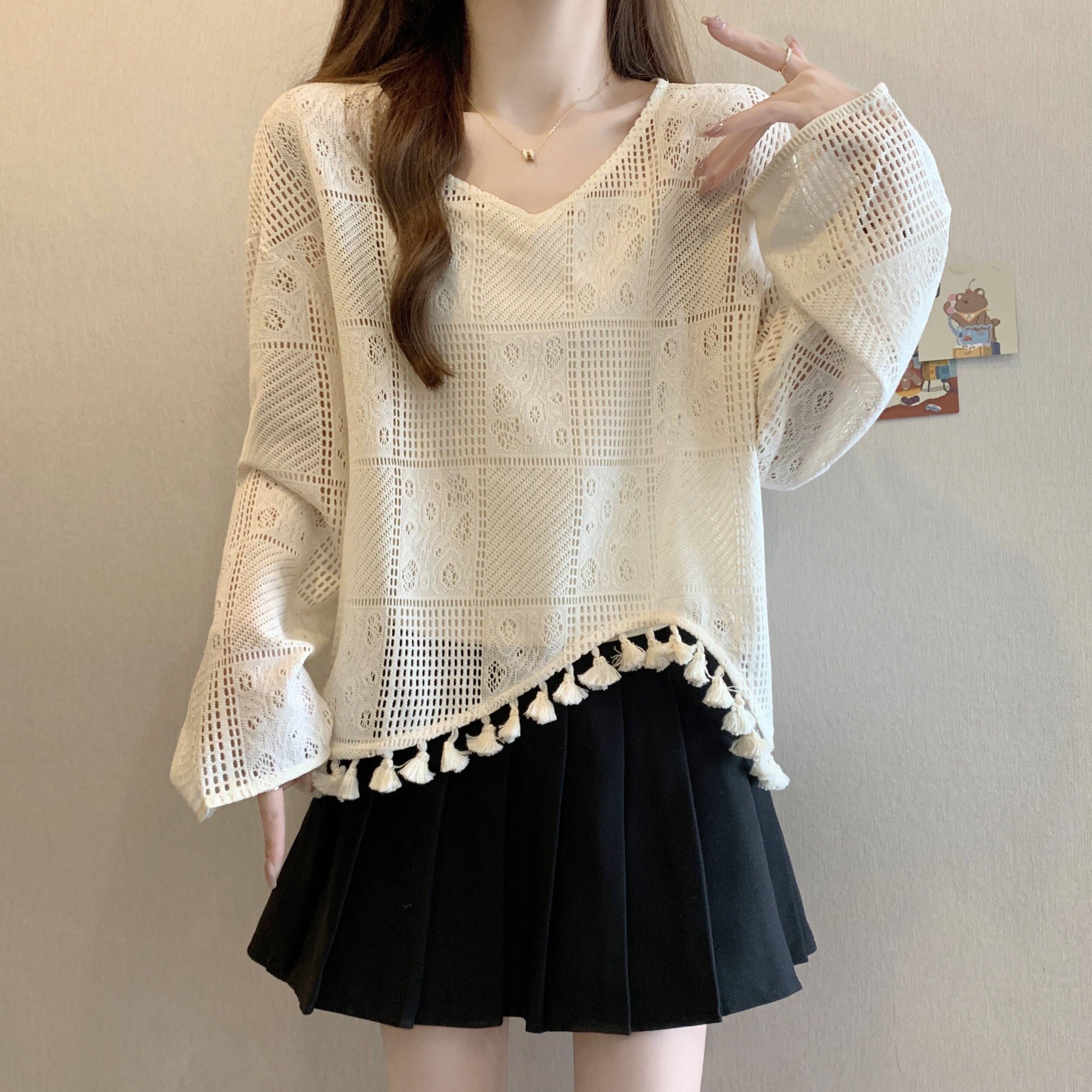 2026新款大码镂空流苏防晒针织罩衫女胖mm吊带背心外搭两件套上衣
