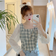 Real price spring and summer new products Korean Edition splicing design feeling square collar Plaid versatile shirt girl