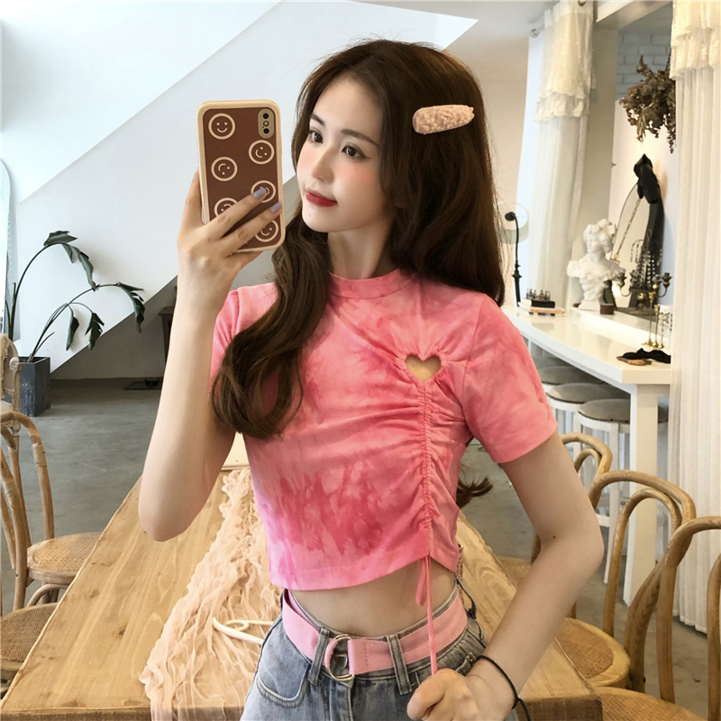 實拍實價夏季抽繩愛心設計顯瘦修身短款露臍百搭短袖恤上衣