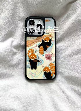 ins可爱小熊猫压克力黑边磁吸适用于苹果iPhone16promax1312pro小米1415Pro华为mate60p70三星S23防摔手机保