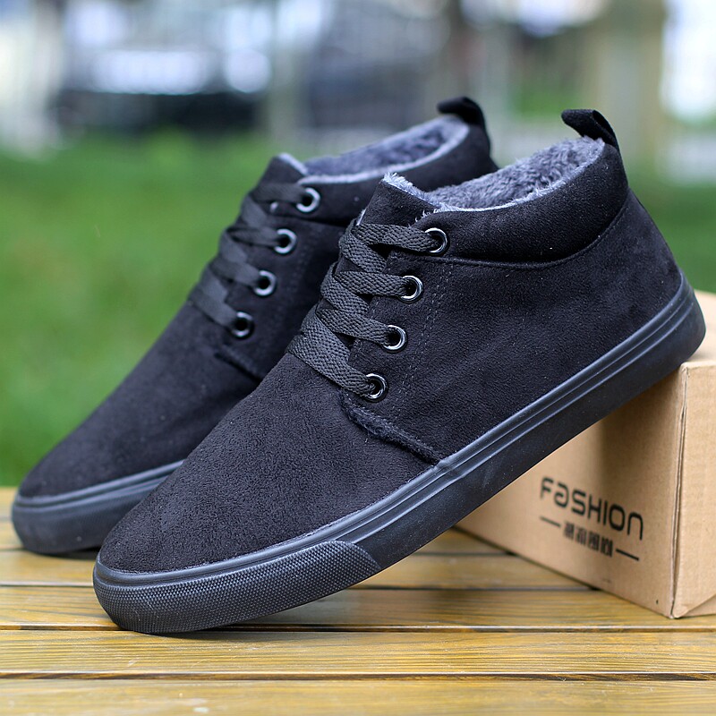 WINTER VELVET WARM TWO COTTON SHOES ALL BLACK MENS SHOES PURE BLACK MIDDLE-AGED AND ELDERLY DAD SHOES MENS NON-SLIP COTTON SHOES WORK SHOES