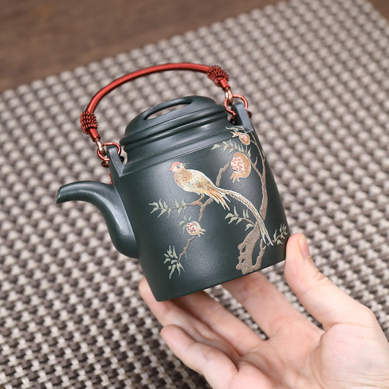 全纯手工紫砂壶正宗宜兴原矿绿泥彩绘小品牛盖洋桶壶家用泡茶壶具