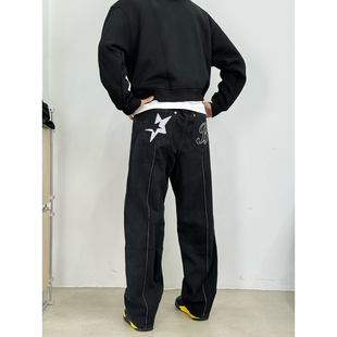 子 男百搭宽松直筒vintage长裤 BurnBro美式 复古街头水洗黑色牛仔裤