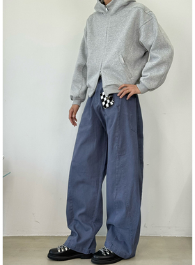 BurnBro美式复古水洗分割法工蓝弯刀牛仔裤男潮牌高级感休闲长裤