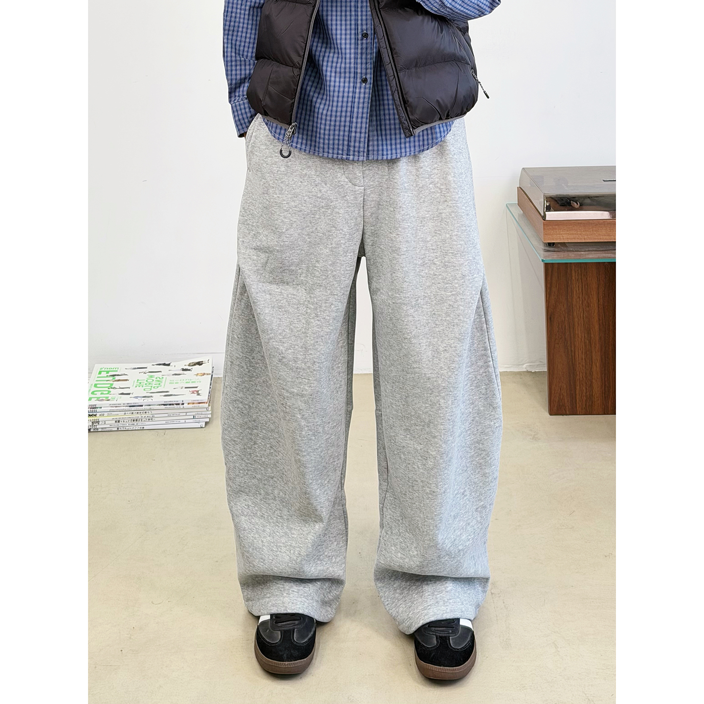 BurnBro美式复古秋冬加绒阔腿弯刀卫裤男宽松休闲直筒运动裤长裤