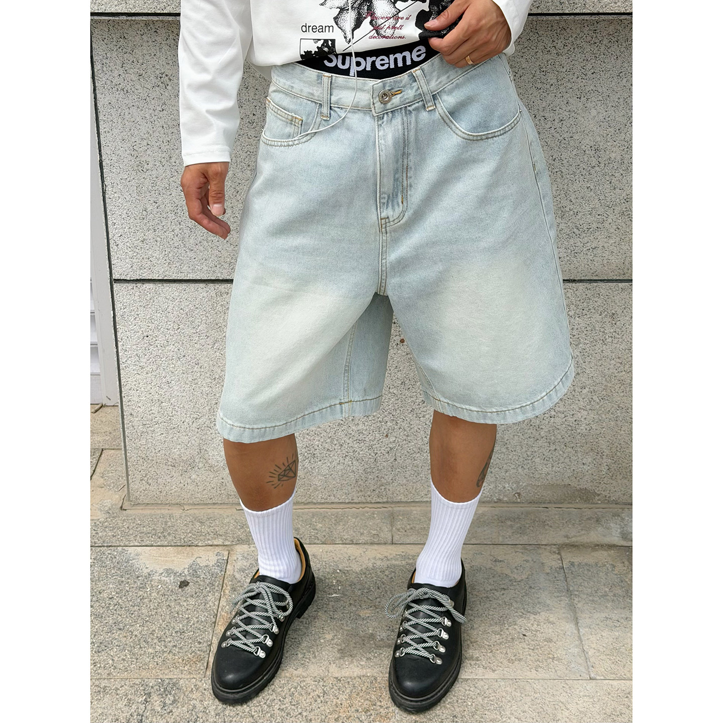 BurnBro美式复古水洗牛仔短裤男简约休闲宽松五分裤cleanfit中裤