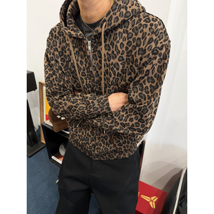 BurnBro美式 复古短宽boxy豹纹连帽卫衣宽松休闲cleanfit加绒外套