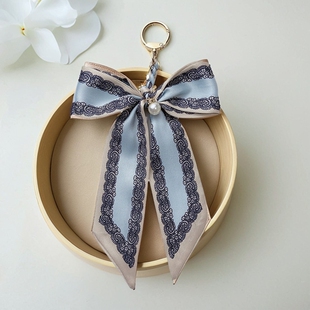 时尚品质冰丝丝巾编织蝴蝶结钥匙扣个性碎花纹性感女性包包挂件链