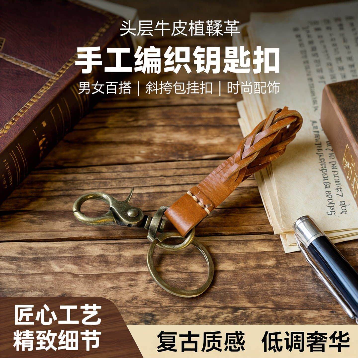 复古手工编织牛皮钥匙扣男士纯色百搭钥匙环腰挂件头层牛皮植鞣革