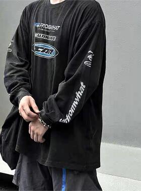 Far Archive新款水洗做旧弹幕赛车复古印花宽松高街休闲长袖T恤潮