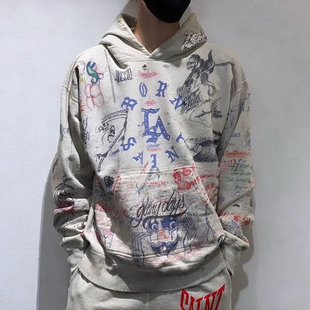 Raised涂鸦字母水钻帽衫 做旧连帽卫衣潮 Michael联名Born Saint