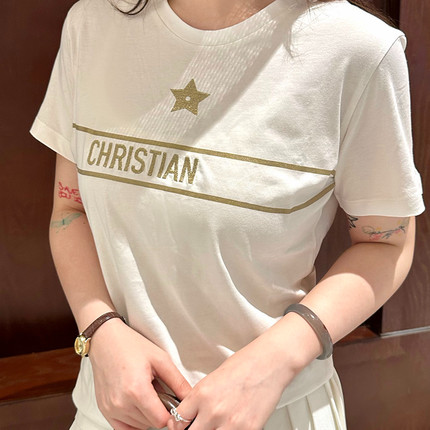 VicxxClothing出品女装春夏新款金线幸运星刺绣百搭纯色短袖T恤女