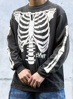 Saint Michael联名款骷髅骨架开裂印花水洗做旧手工破坏长袖T恤潮