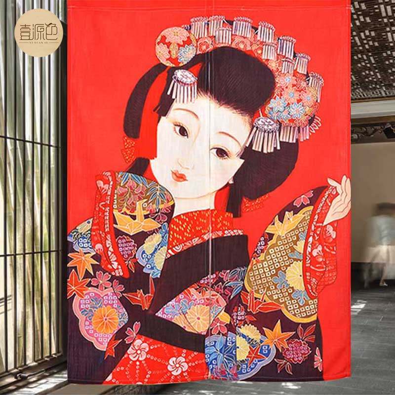 日式餐厅浮世绘布艺隔断帘定制