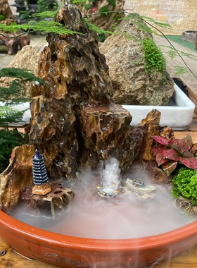 真花真草招财假山流水喷泉摆件造景植物小型鱼缸池装饰品礼品