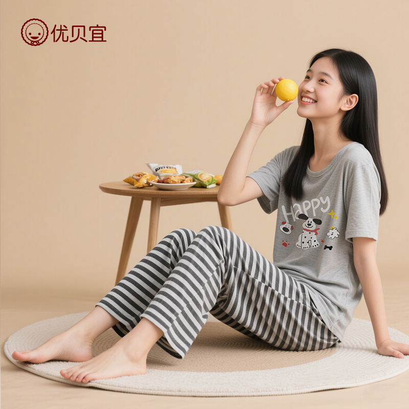 莫代尔青少年家居服女2025儿童空调服学生睡衣薄童装短袖套装夏装