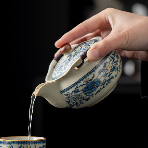 青花汝窑手抓壶盖碗茶杯套装高端