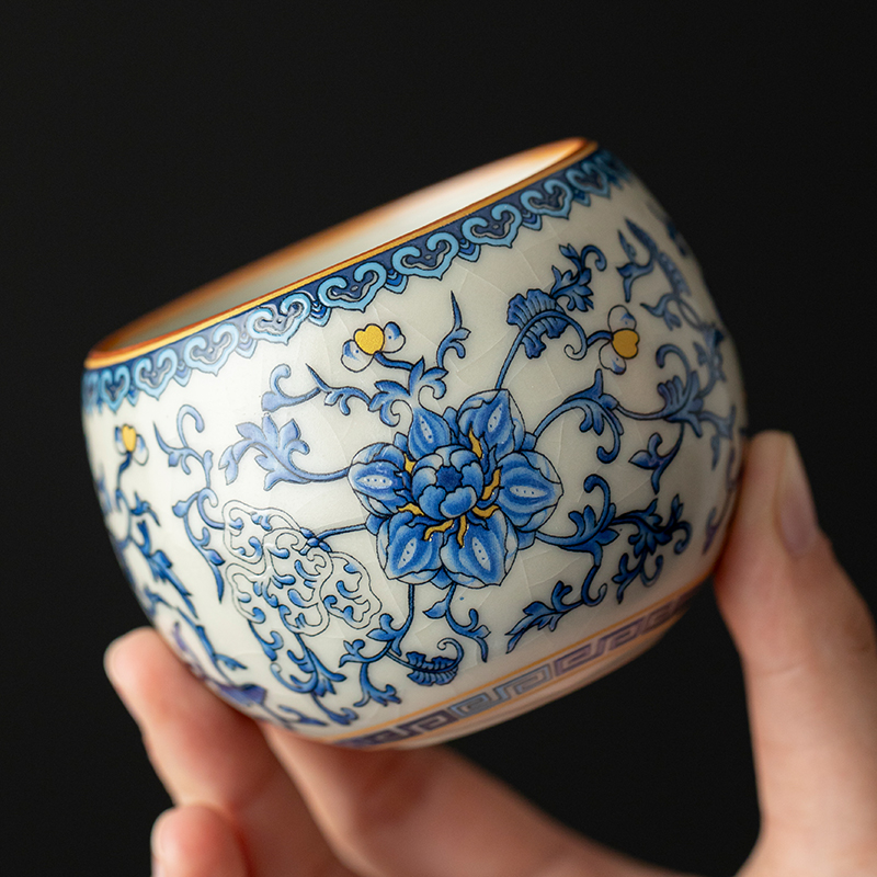 汝窑青花瓷缠枝莲主人杯开片可养