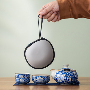 汝窑牡丹便捷式 泡茶品茶手抓壶户外旅行功夫茶具陶瓷 旅行茶具套装