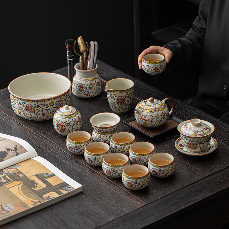 米黄粉彩缠枝莲汝窑茶具套装2026新款家用功夫泡茶器具茶杯礼盒装,餐饮具,整套茶具,淘宝优惠券,粉丝福利购,淘宝优惠卷