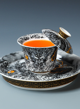 羊脂玉瓷墨龙悬停旋转三才盖碗茶杯不烫手功夫茶具泡敬茶碗小套装