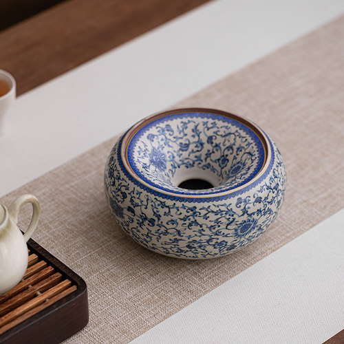 米黄青花烟灰缸茶渣桶汝窑缠枝莲