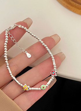 月光女神 925纯银可爱彩色花朵手链银珠竹节手工串珠手饰夏季新款