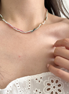 月光女神 925纯银双层缠绕碧玺银珠项链时髦洋气多巴胺风格锁骨链