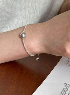 月光女神 925纯银施家灰色珍珠手链女正强光无暇个性不规则碎银子