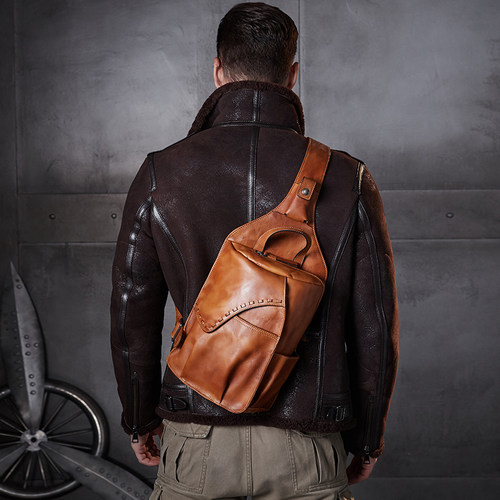 hanmiis真皮斜挎包头层牛皮胸包