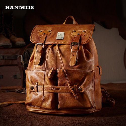 hanmiis真皮双肩包头层牛皮背包