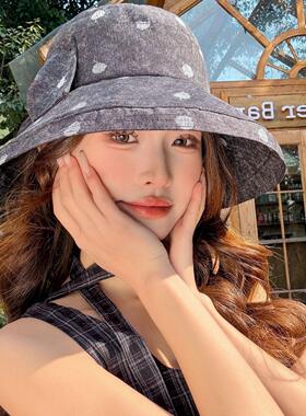 清新波点蝴蝶结渔夫帽女春夏时尚休闲遮阳帽韩系显脸小防晒帽