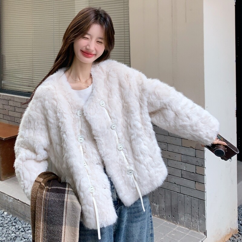 新款现货!冬季加厚羊羔毛短外套纽扣飘带皮毛一体D930-P210K298