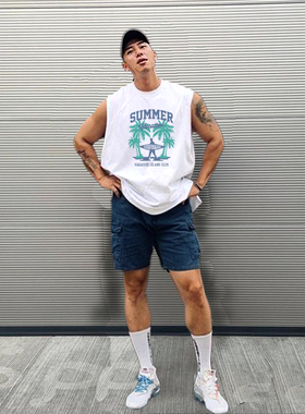 MCPW 夏季沙滩背心男冲浪休闲美式无袖坎肩上衣t恤圆领250116B