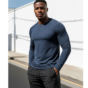 休闲百搭纯色美式 T恤男士 肌肉健身上衣 户外运动速干透气长袖 MCPW