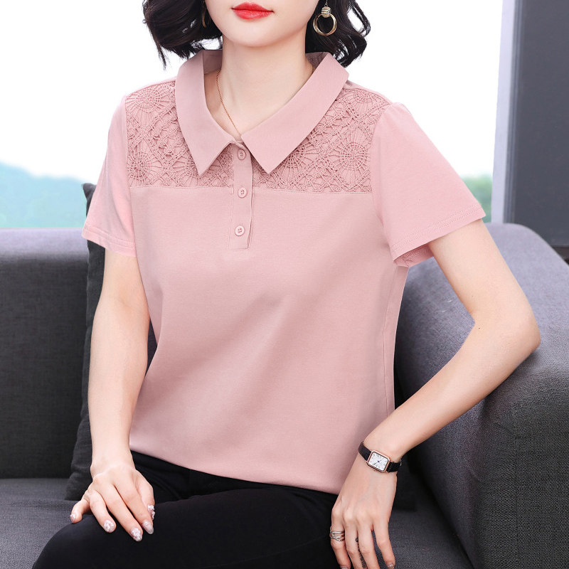 妈妈短袖t恤女 新款2026夏装减龄纯棉衣服半袖小衫中老年翻领上衣
